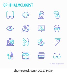 Ophthalmologist thin line icons set: glasses, eyeball, vision exam, lenses, eyedropper, spectacle case. Modern vector illustration.