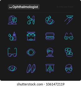 Ophthalmologist thin line icons set: glasses, eyeball, vision exam, lenses, eyedropper, spectacle case. Modern vector illustration for black theme.