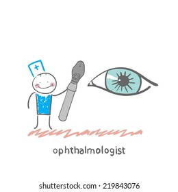 ophthalmologist with a tool to test the eye
