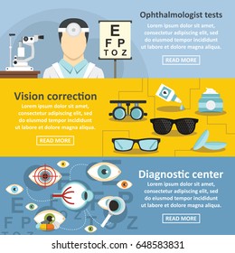 Ophthalmologist tools banner horizontal concept set. Flat illustration of 3 ophthalmologist tools vector banner horizontal concepts for web.