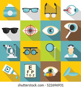 Ophthalmologist tools icons set. Flat illustration of 16 ophthalmologist tools vector icons for web. Eye signs vision set