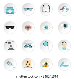 Ophthalmologist tools set icons in flat style isolated on white background