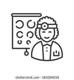 Ophthalmologist - vector line design single isolated icon on white background. High quality black pictogram. Image of a doctor at the eye chart, checking the eyesight. Healthcare and treatment idea