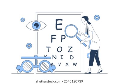 Ophthalmologist with vision test. Woman in medical uniform with magnifying glass and medical device near board with letters. Diagnosis and treatment. Oculist in office. Linear vector illustration