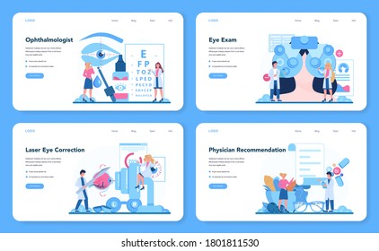 Ophthalmologist web banner or landing page set. Idea of eye exam and treatment. Eyesight diagnosis and laser correction. Vector illustration in cartoon style