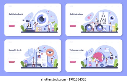 Ophthalmologist web banner or landing page set. Idea of eyesight check and treatment. Eyesight diagnosis and laser correction. Vector illustration in cartoon style