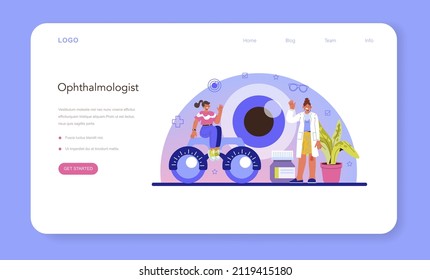 Ophthalmologist web banner or landing page. Idea of eyesight check and treatment. Eyesight diagnosis and laser correction. Ophthalmology specialist. Flat vector illustration