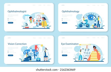 Ophthalmologist web banner or landing page set. Idea of eyesight check and treatment. Eyesight diagnosis and vision laser correction. Ophthalmology specialist. Flat vector illustration