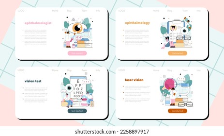 Ophthalmologist web banner or landing page set. Idea of eyesight check and treatment. Eyesight diagnosis and vision laser correction. Ophthalmology specialist. Flat vector illustration