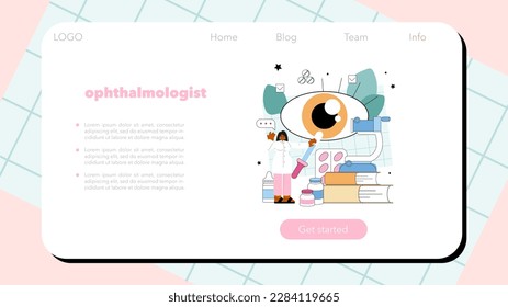 Ophthalmologist web banner or landing page. Idea of eyesight check and treatment. Eyesight diagnosis and vision laser correction. Ophthalmology specialist. Flat vector illustration