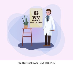 Ophthalmologist in white coat with pointer and placard with letter for checking eyesight. Doctors office flat vector illustration. Medicine, occupation, healthcare concept for banner or web design