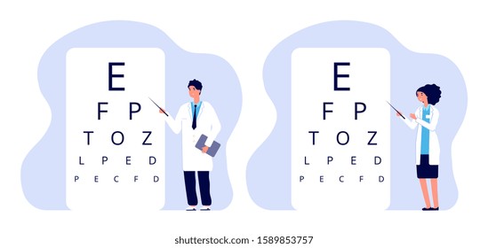 Ophthalmologists characters. Oculists checking vision vector illustration. Male female ophthalmologists. Ophthalmology clinic doctors