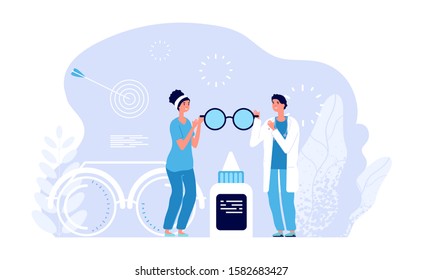 Ophthalmologists characters. Ophthalmology clinic vector concept. Doctor and nurse with glasses, eye examination, diagnosis illustration