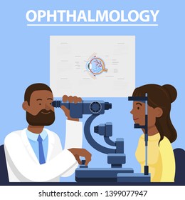 Ophthalmologist's Equipment. Ophthalmologist Services. Vision Correction. Check Eyesight. Health Care. Doctor Ophthalmologist. Vector Illustration. Man Doctor. Ophthalmologist Tests Vision of Woman.