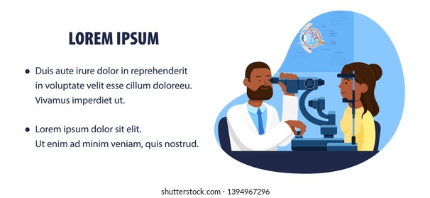 Ophthalmologist's Equipment. Reception at Ophthalmologist. Check Eyesight. Health Care. Doctor Ophthalmologist. Woman at Doctor. Vector Illustration. Man Doctor. Ophthalmologist Tests Vision of Woman.