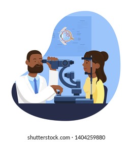 Ophthalmologist's Equipment. Reception at Ophthalmologist. Check Eyesight. Health Care. Doctor Ophthalmologist. Woman at Doctor. Vector Illustration. Man Doctor. Ophthalmologist Tests Vision of Woman.