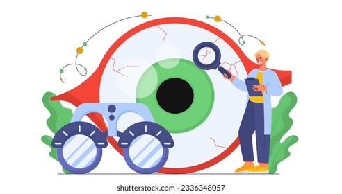 Ophthalmologists with eye concept. Young guy with magnifying glass and device for measuring vision. Health care and treatment. Optimetry and laser correction. Cartoon flat vector illustration