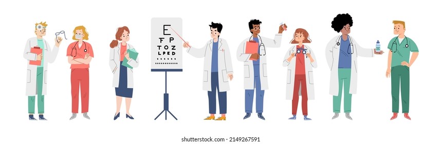 Ophthalmologists And Nurses, Medical Staff Of Ophthalmology Clinic. Vector Flat Illustration Of Optometry Medicine With Men And Women Professional Optometrists With Eye Test Chart, Glasses And Drops