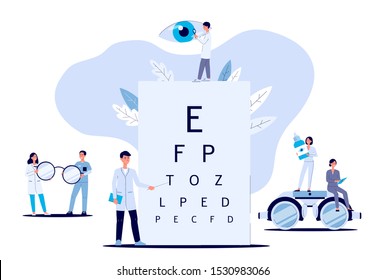 Ophthalmologists take care of patient eyes and doctor in the clinic and hospital of a woman and a man. Ophthalmology medical concept with glasses, eye examination, isolated flat vector illustration.