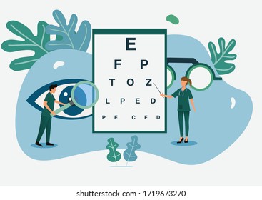 Ophthalmologists take care of patient eyes and doctor in the clinic and hospital of a woman and a man. Ophthalmology medical concept with glasses, eye examination, isolated flat vector illustration.