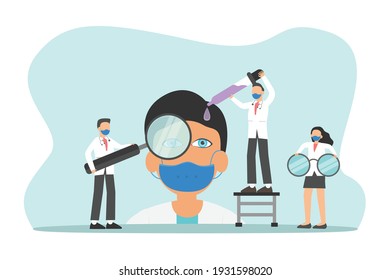 Ophthalmologists vector concept: Doctors team doing treatment to their patient while using magnifying glass