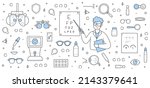 Ophthalmology background with doctor ophthalmologist check vision with eye test chart. Vector hand drawn illustration of man optometrist, glasses, drops and machines for eyesight medical exam