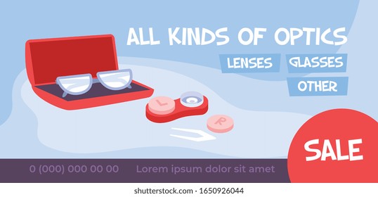 Ophthalmology banner flat composition with images of glasses and contact lenses on sale with editable text vector illustration