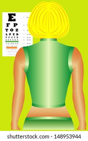 Ophthalmology chart. Woman having her eyesight tested using a eye chart to see if she needs glasses. Woman taking an eye vision test