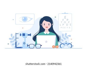 Ophthalmology of Checks Patient Sight, Optical Eyes Test, Spectacles Technology and Choosing Eyeglasses with Correction Lens in Flat Cartoon Illustration