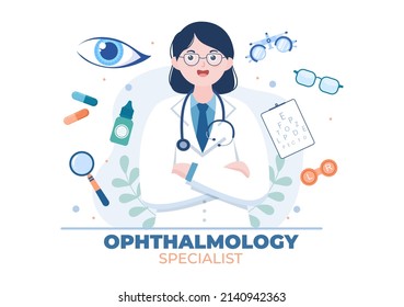 Ophthalmology of Checks Patient Sight, Optical Eyes Test, Spectacles Technology and Choosing Eyeglasses with Correction Lens in Flat Cartoon Illustration