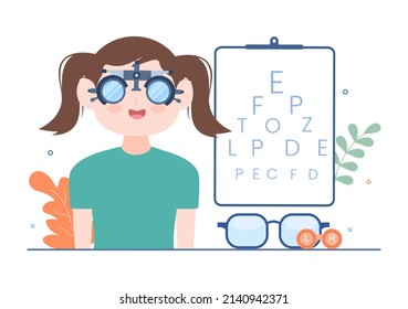 Ophthalmology of Checks Patient Sight, Optical Eyes Test, Spectacles Technology and Choosing Eyeglasses with Correction Lens in Flat Cartoon Illustration