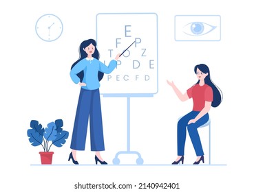 Ophthalmology of Checks Patient Sight, Optical Eyes Test, Spectacles Technology and Choosing Eyeglasses with Correction Lens in Flat Cartoon Illustration