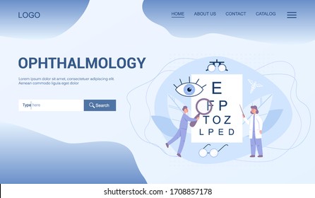 Ophthalmology clinic web banner or landing page. Idea of eye and vision care. Oculist treatment set. Eyesight examination and correction. Vector illustration in cartoon style