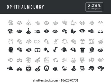 Ophthalmology. Collection of perfectly simple monochrome icons for web design, app, and the most modern projects. Universal pack of classical signs for category Medicine.