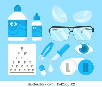 Ophthalmology collection vector isolated. Eye correction equipment. Contact lens, glasses and other device. Vision care.