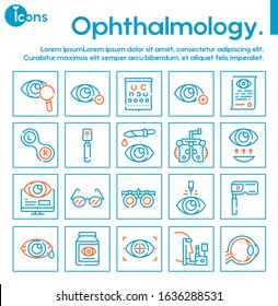 Ophthalmology color linear vector icons set. Visible and medicine, supervision observe, lens, eyesight health. Optometry, eye exam, laser surgery, eyeball, glasses