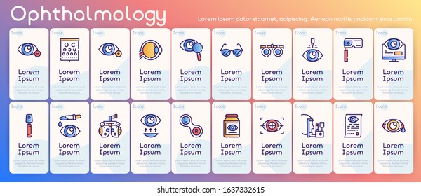 Ophthalmology color linear vector icons set. Visible and medicine, supervision observe, lens, eyesight health. Optometry, eye exam, laser surgery, eyeball, glasses