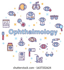 Ophthalmology color linear vector icons set. Visible and medicine, supervision observe, lens, eyesight health. Optometry, eye exam, laser surgery, eyeball, glasses