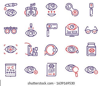 Ophthalmology color linear vector icons set. Visible and medicine, supervision observe, lens, eyesight health. Optometry, eye exam, laser surgery, eyeball, glasses