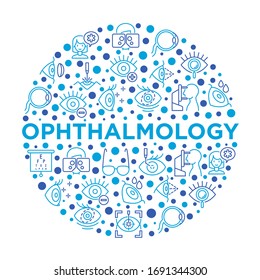 Ophthalmology concept in circle with thin line icons: laser eye surgery, eye test, eye drops, contact lenses, cataract, astigmatism, phoropter, autorefractometer, farsightedness. Vector illustration.
