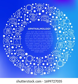 Concepto oftalmológico en círculo con iconos de línea delgada: cirugía ocular láser, prueba ocular, colirio, lentes de contacto, cataratas, astigmatismo, horómetro, autorefractomómetro, visión de futuro. Ilustración vectorial.