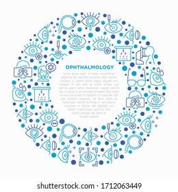 Concepto oftalmológico en círculo con iconos de línea delgada: cirugía ocular láser, prueba ocular, colirio, lentes de contacto, cataratas, astigmatismo, horómetro, autorefractomómetro, visión de futuro. Ilustración vectorial.