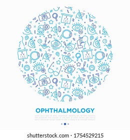 Ophthalmologie-Konzept in einem Kreis mit Dünnzeilensymbolen: Laser-Augenoperation, Augentest, Augentropfen, Kontaktlinsen, Katarakt, Astigmatismus, Phoropter, Autorefraktometer, Weitsichtigkeit. Vektorgrafik.