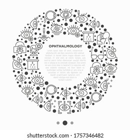 Concepto de oftalmología en círculo con iconos de línea delgada: cirugía ocular por láser, prueba ocular, colirio, lentes de contacto, cataratas, astigmatismo, foropter, autorefractomómetro, previsibilidad. Ilustración vectorial.