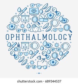 Ophthalmology concept in circle with vision care thin line icons. Vector illustration for banner, web page, print media.
