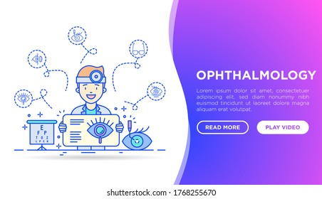 Ophthalmology concept. Doctor tells about laser eye surgery. Thin line icons: eye test, eye drops, contact lenses, cataract, astigmatism, farsightedness, nearsightedness. Vector illustration.