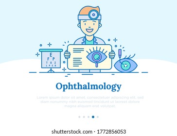Ophthalmology concept. Doctor tells about laser eye surgery. Thin line icons. Vector illustration.