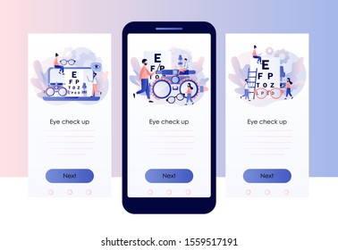 Ophthalmology concept. Eye check up. Ophthalmologist checks patient sight. Screen template for mobile smart phone. Modern flat cartoon style. Vector illustration
