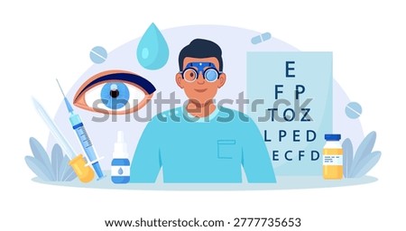 Ophthalmology Concept. Eye Test Procedure and Prescription Glasses. Eyesight Diagnosis, Laser Correction. Oculist Check Up Eyeball Vision, Choosing Glasses. Myopia, Glaucoma Treatment