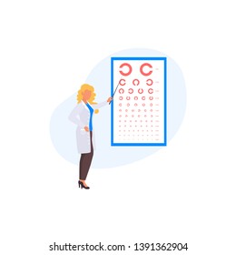 Ophthalmology concept. Golovin table. Oculist pointing at eye test chart. Eyesight examination and correction. Vector illustration